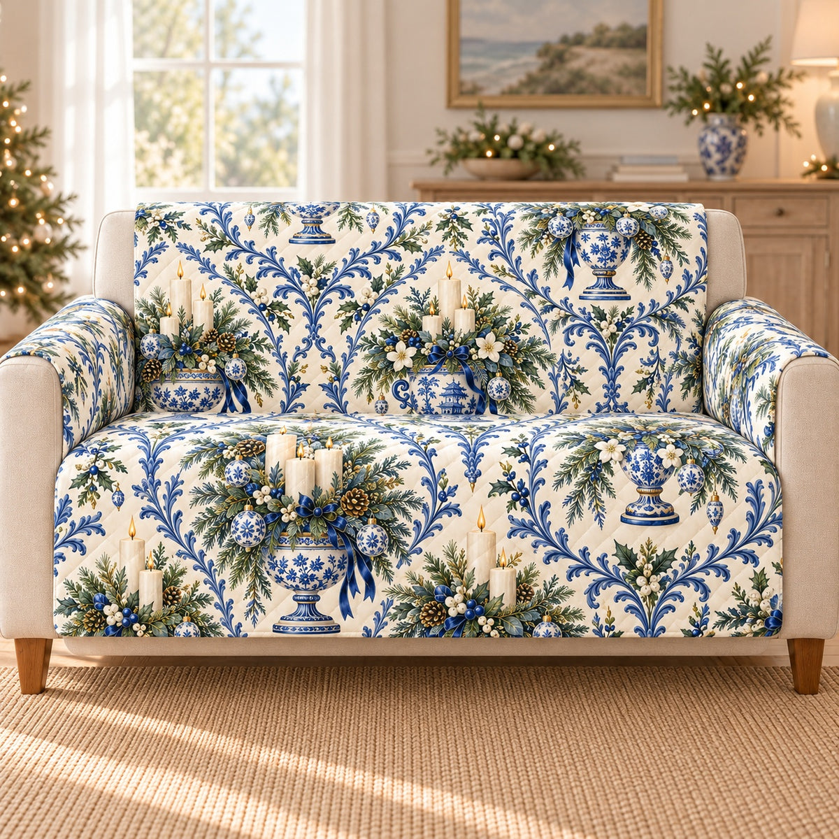 Blue and white porcelain Christmas candle sofa cover on a sofa, AI mockup