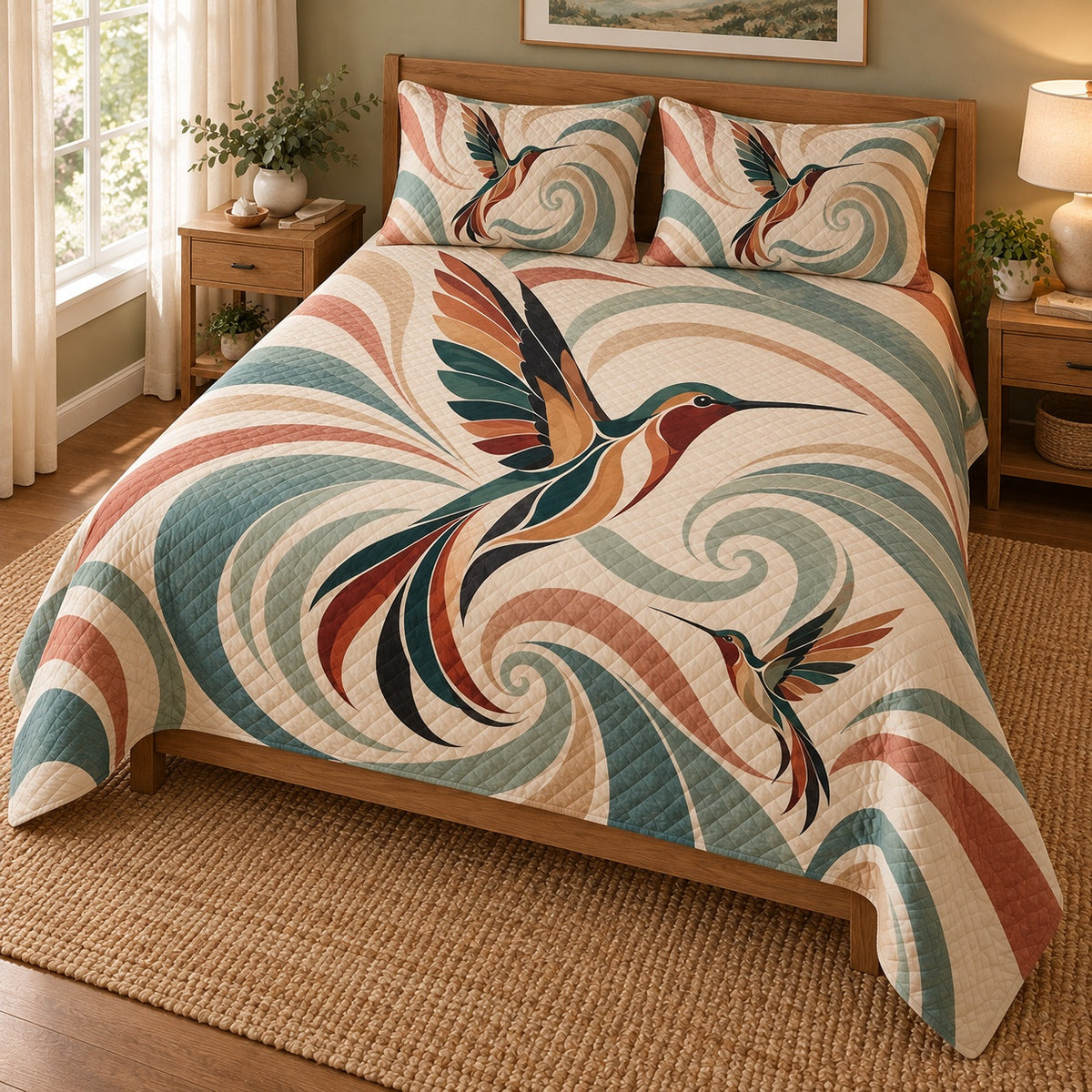 Hummingbird swirl quilt set angled view