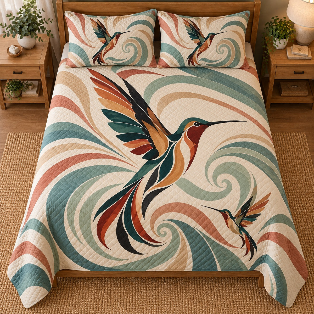Hummingbird swirl quilt set view from above