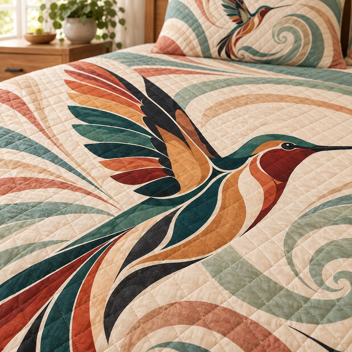 Hummingbird printed artwork and diamond stitching detail