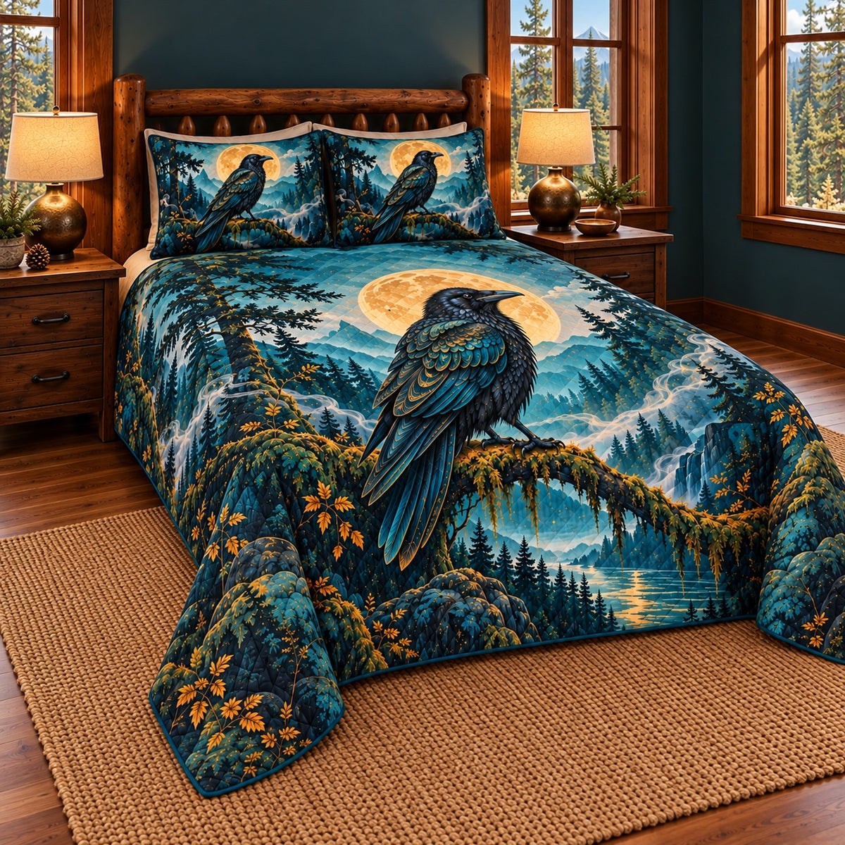 Raven forest quilt set left angled view