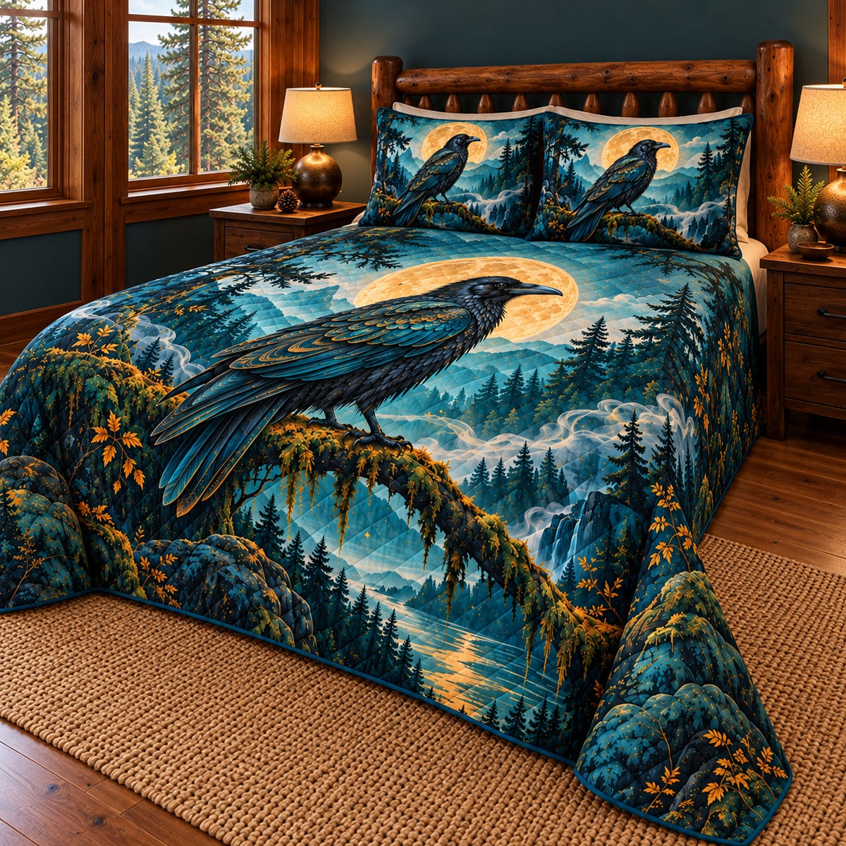 Raven forest quilt set right angled view