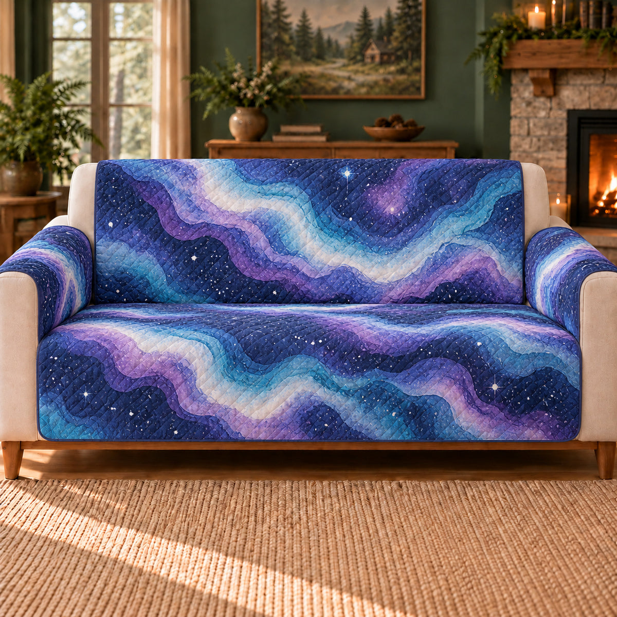 Nebula Contour Waves sofa cover on a beige sofa