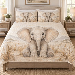 Neutral Baby Elephant Safari Quilt Set