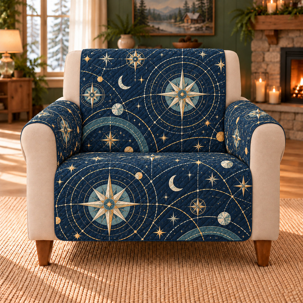 Night Navigation Lattice sofa cover on a beige armchair