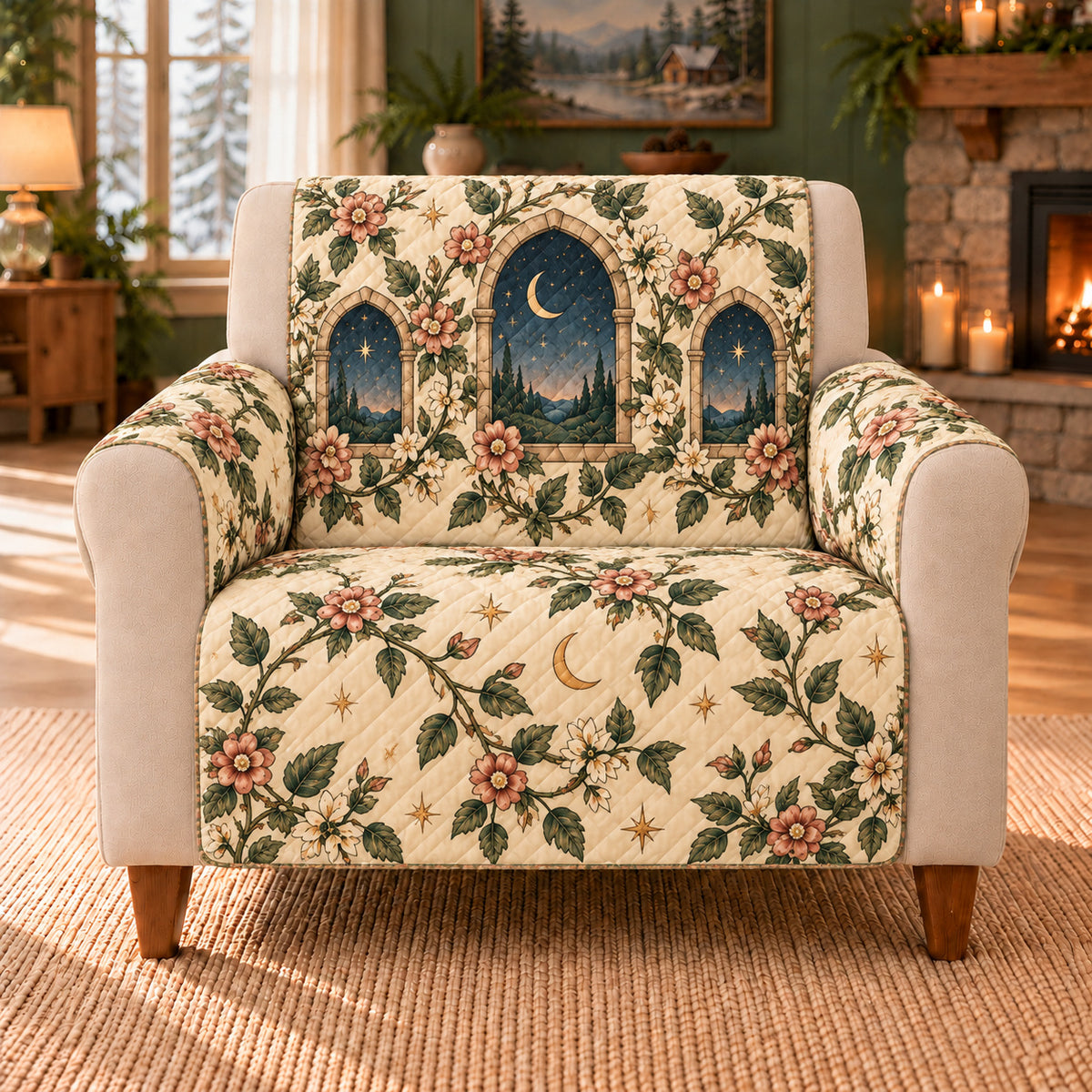 Night Vine Star Windows sofa cover on a beige armchair