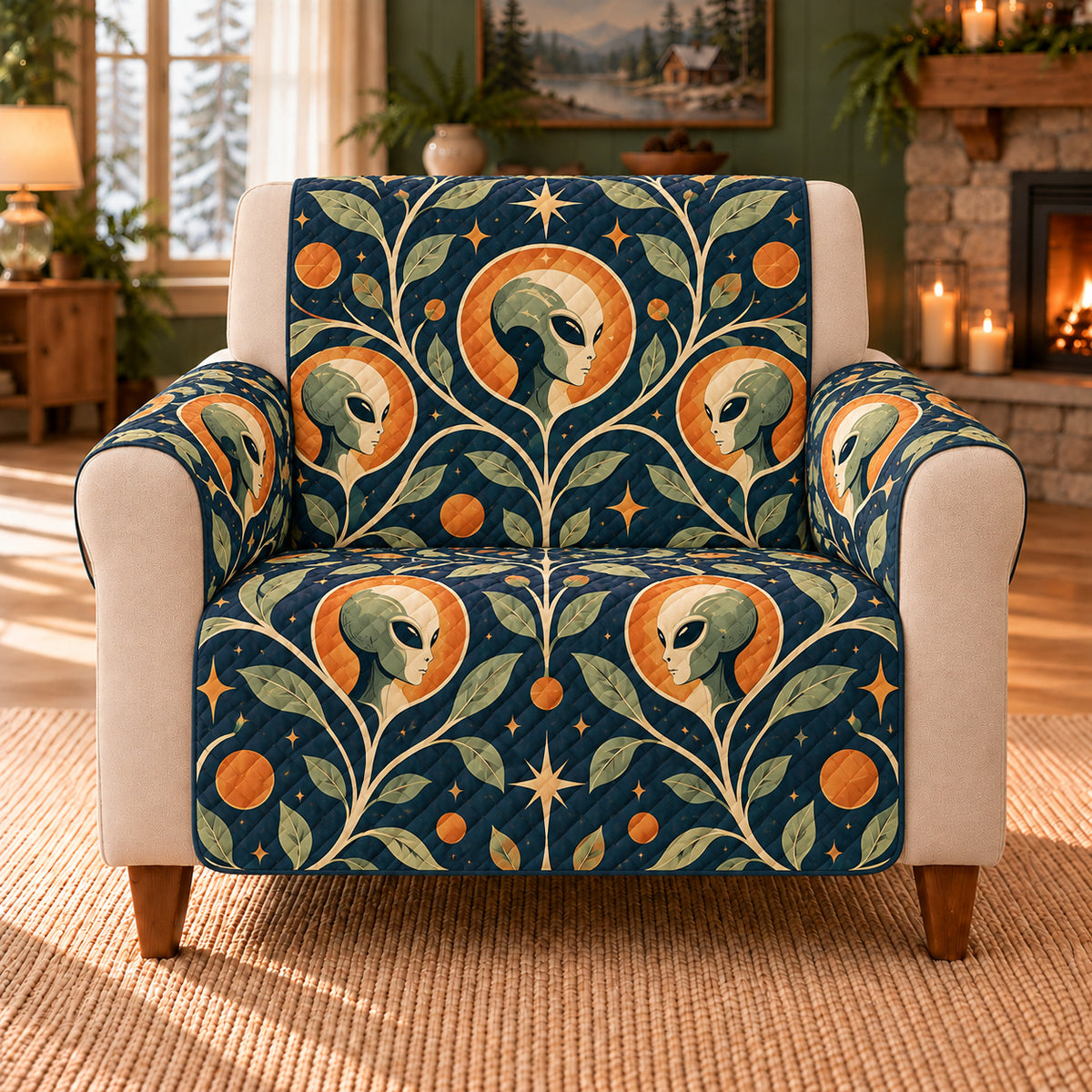 Night Visitor Trellis sofa cover on a beige armchair