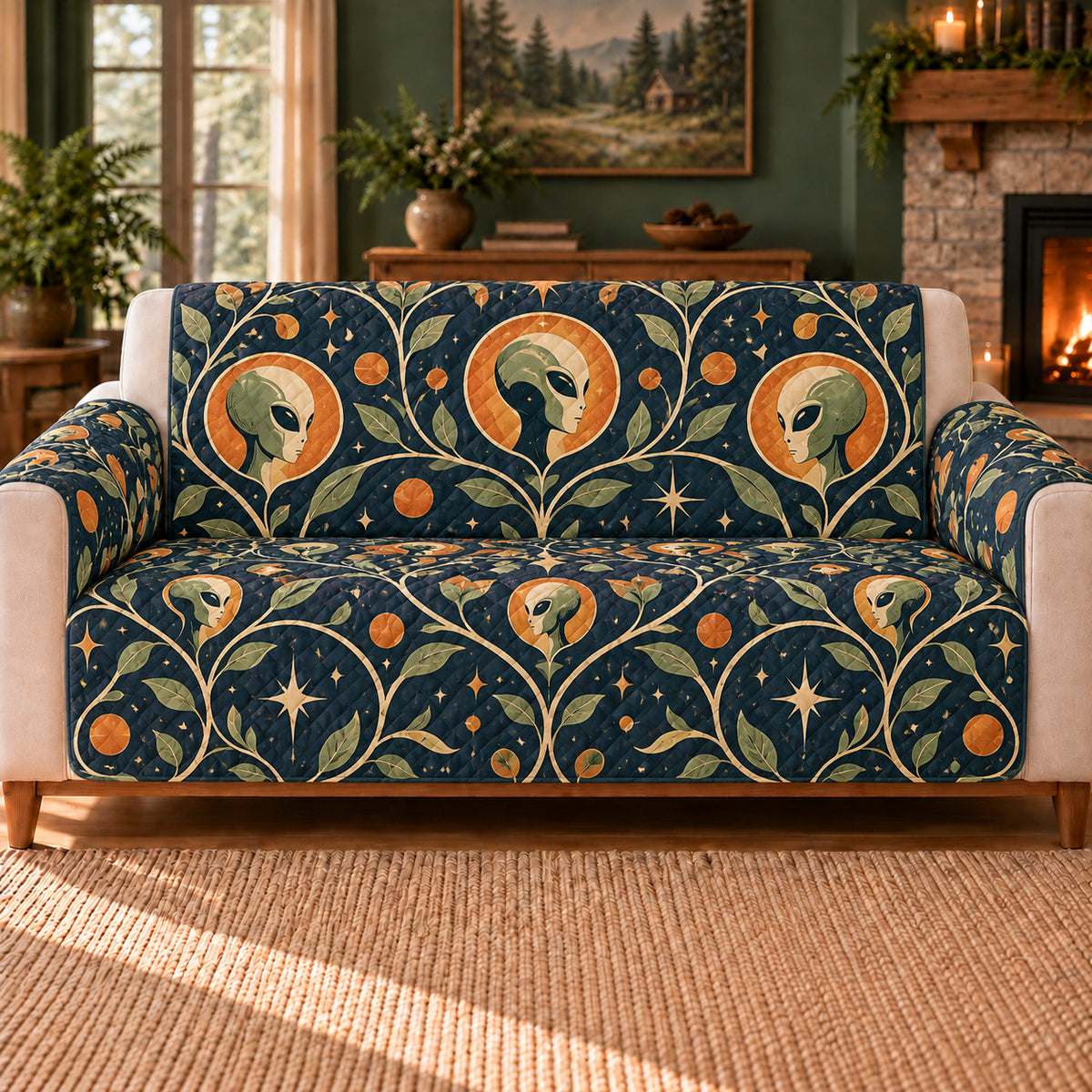 Night Visitor Trellis sofa cover on a beige sofa