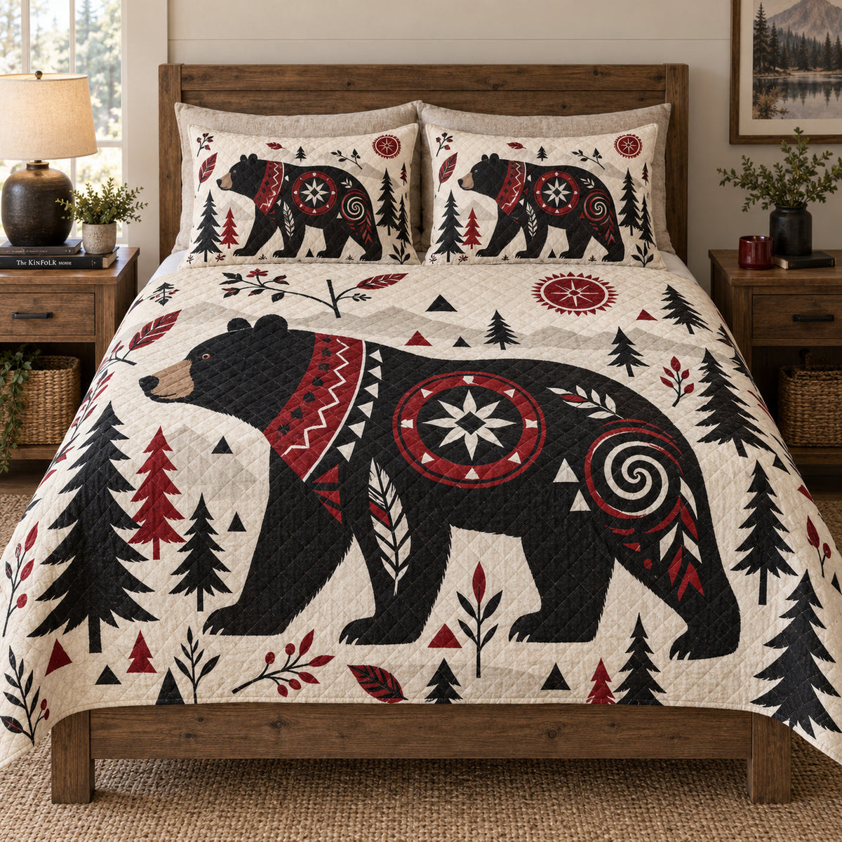 Nordic Black Bear Forest quilt set displayed on a bed with coordinating pillow shams