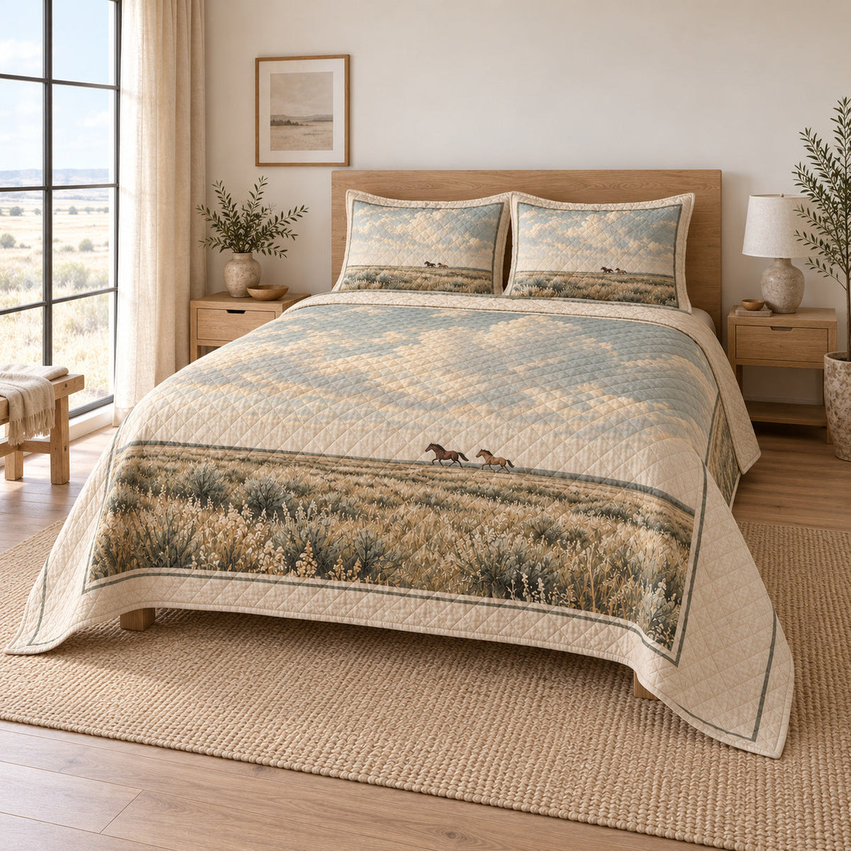 Oat Prairie Ride Horse Western Ranch Quilt Set, angled horse western ranch bedroom view