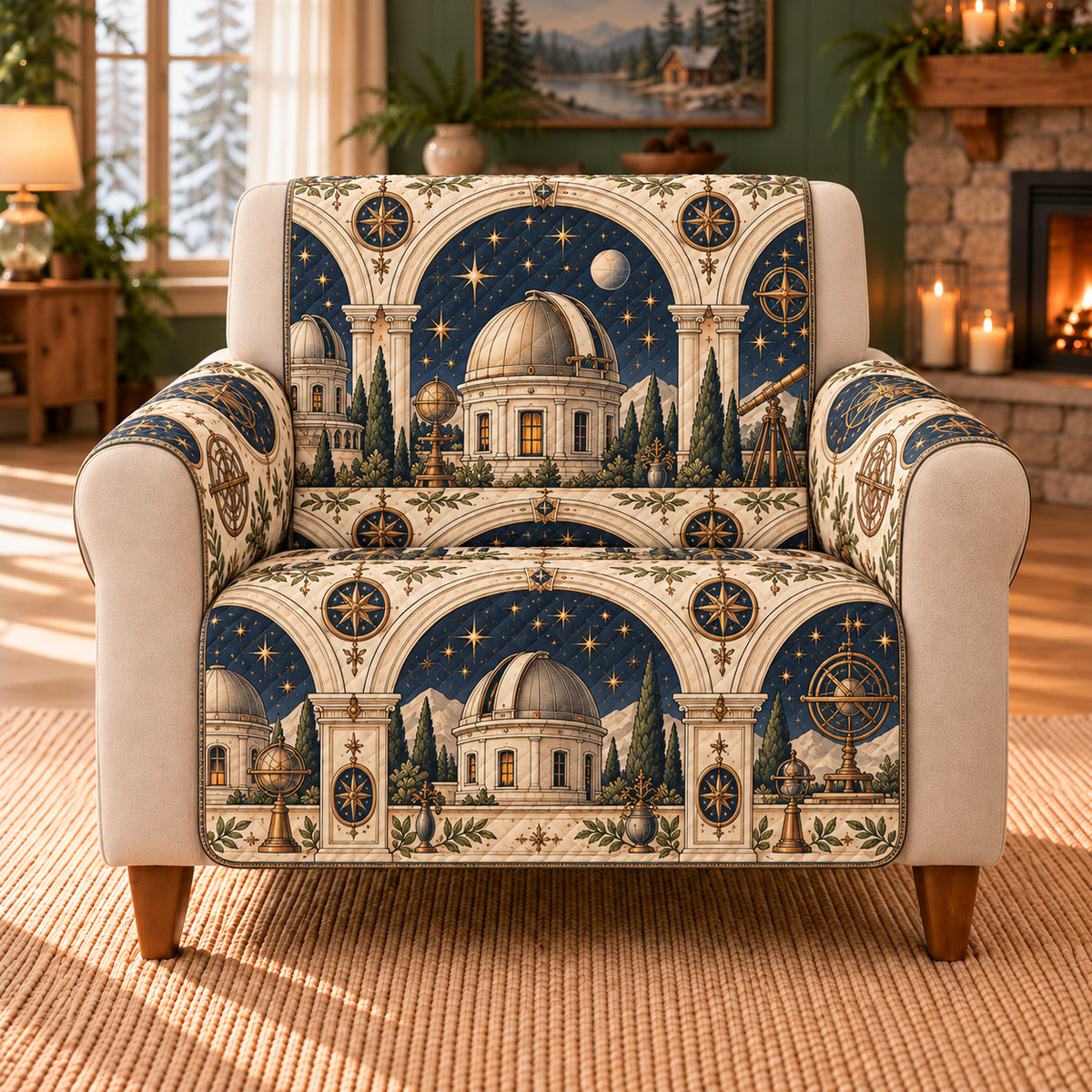 Observatory Dome Arches sofa cover on a beige armchair