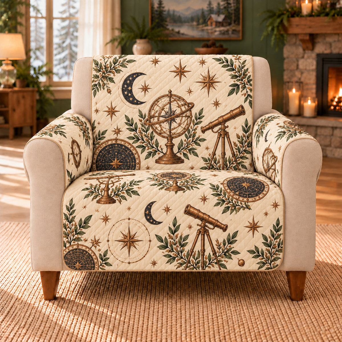 Observatory Instrument Sprigs sofa cover on a beige armchair