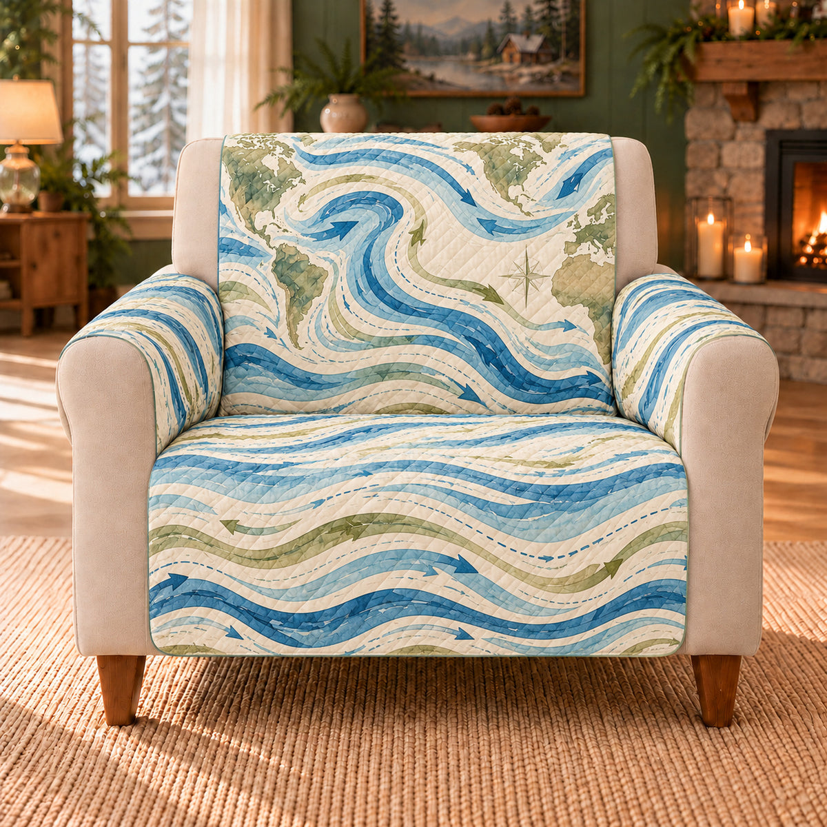 Ocean Current Bands sofa cover on a beige armchair