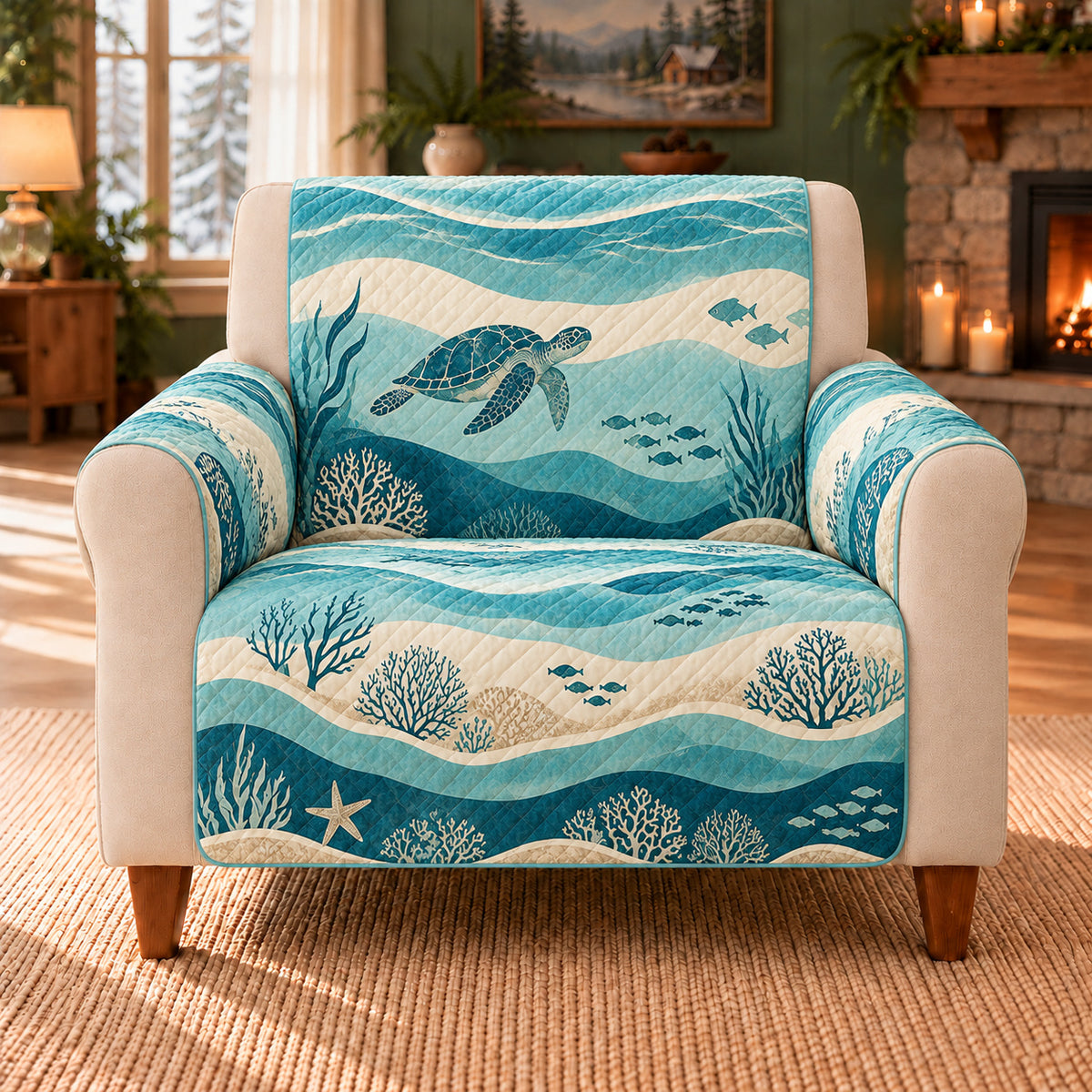 Ocean Depth Wave Bands sofa cover on a beige armchair