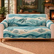 Ocean Depth Wave Bands sofa cover on a beige sofa
