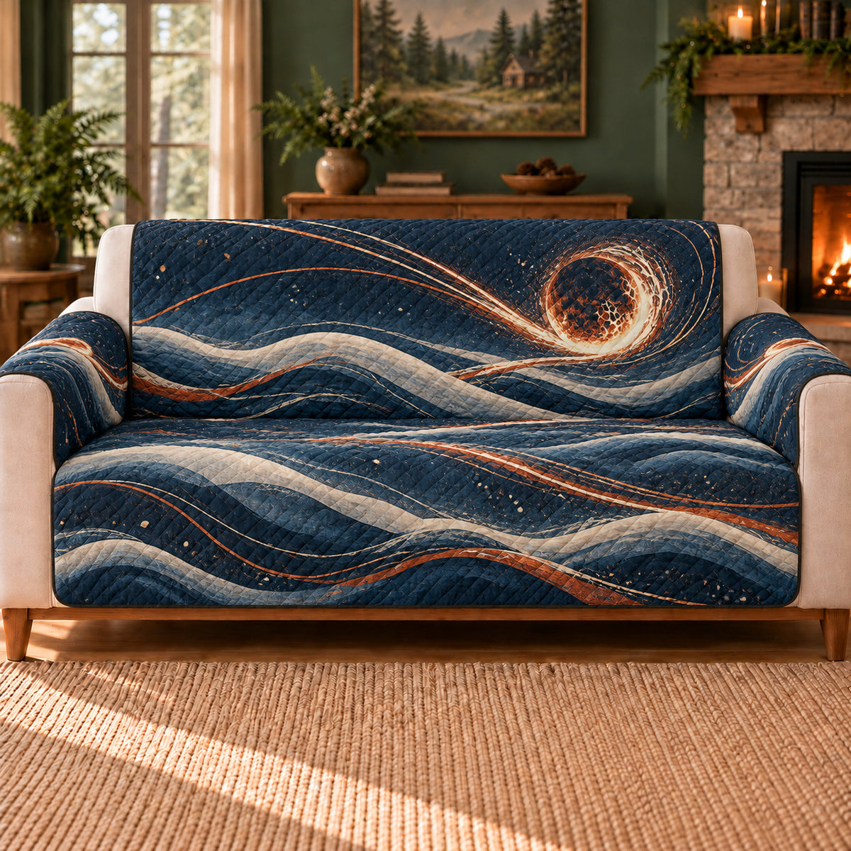 Ocean Fireball Lines sofa cover on a beige sofa