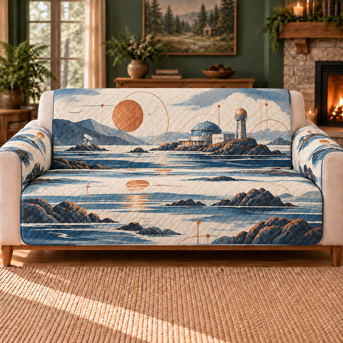 Ocean Observatory Waves sofa cover on a beige sofa