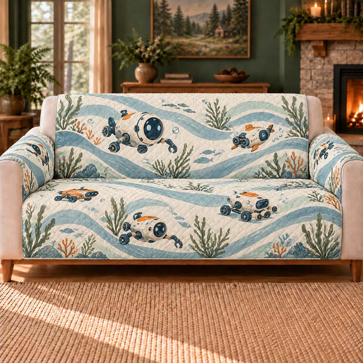 Ocean Robot Current sofa cover on a beige sofa