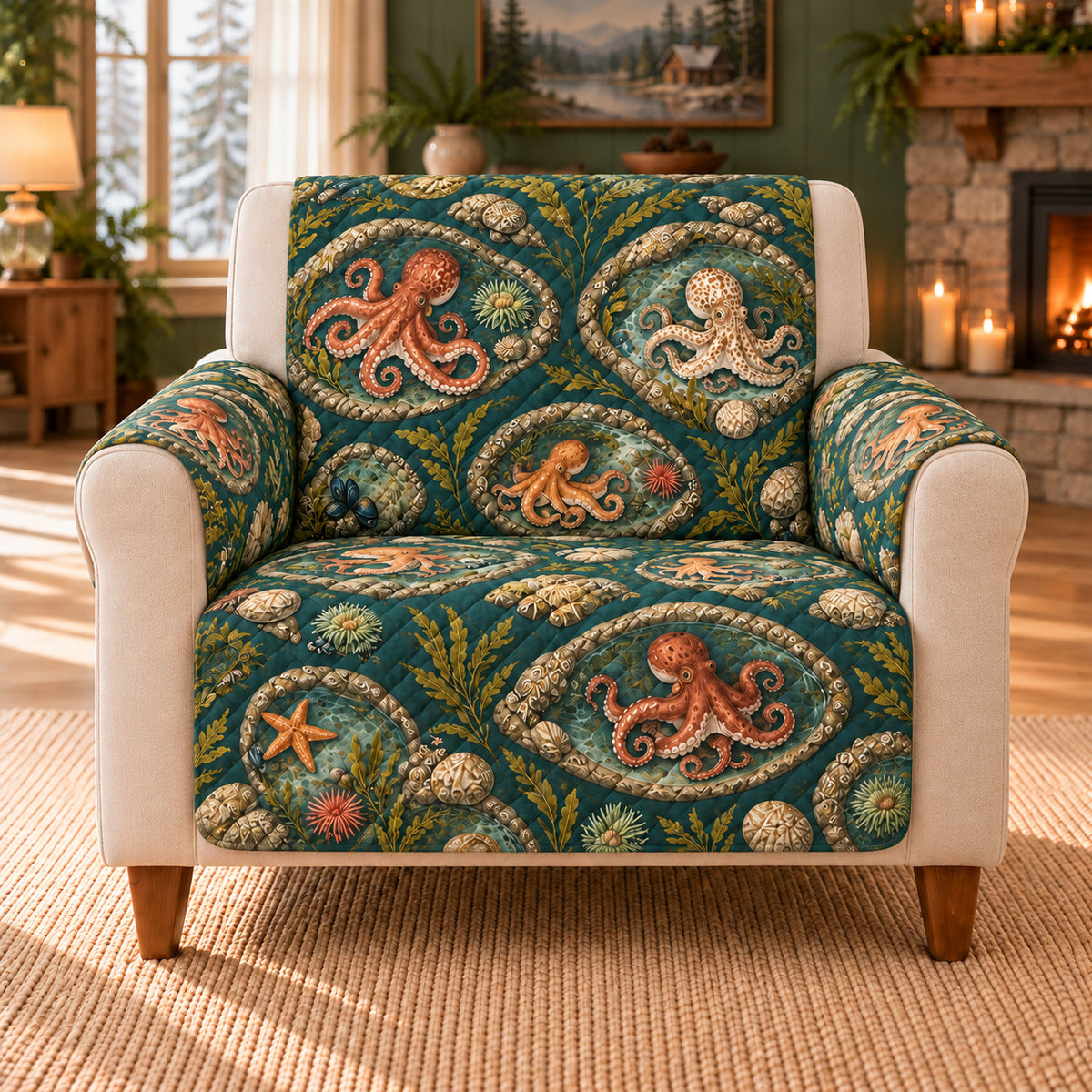 Octopus Tidepool Ovals cover on a beige armchair, AI-generated design preview