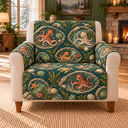 Octopus Tidepool Ovals cover on a beige armchair, AI-generated design preview