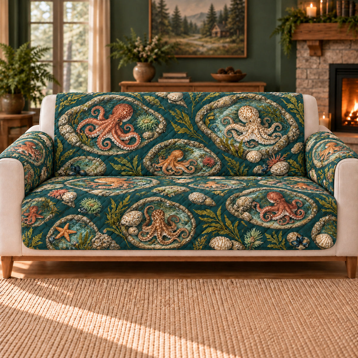 Octopus Tidepool Ovals cover on a beige sofa, AI-generated design preview