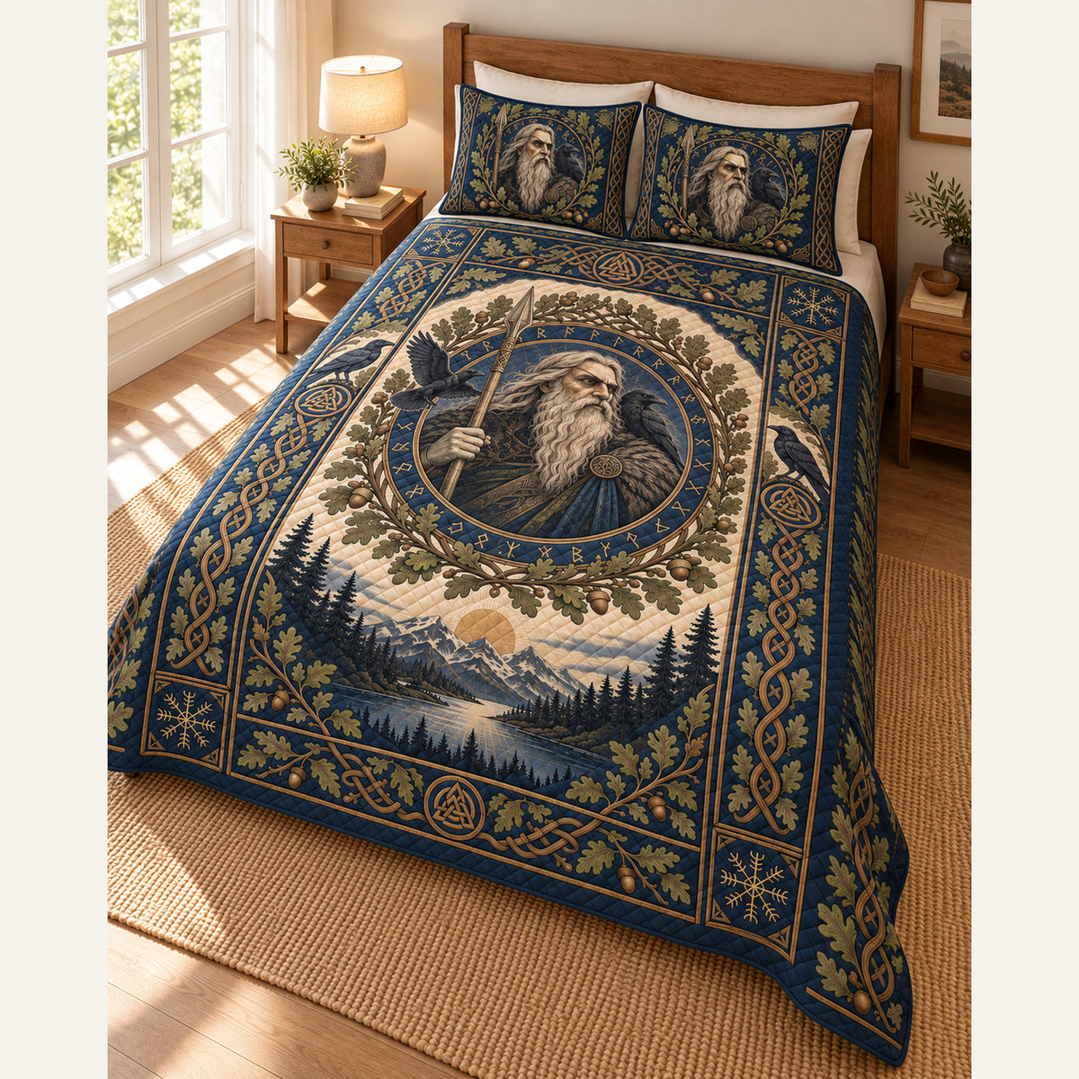 Odin raven Norse mythology quilt bedding set with matching pillow shams, digital design preview