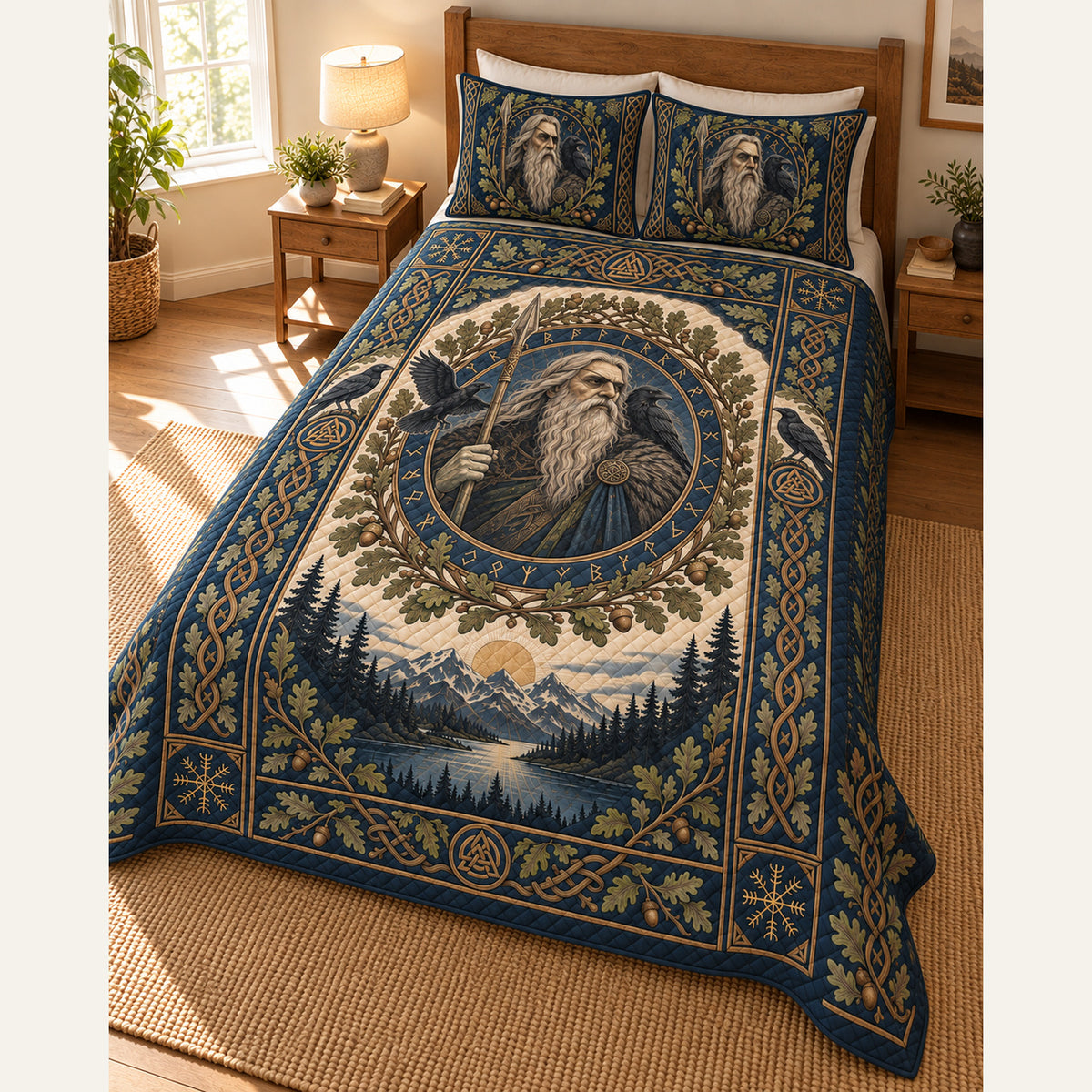 Odin raven Norse mythology quilt bedding set with matching pillow shams, digital design preview