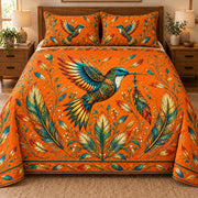 Orange hummingbird feather quilt set front view