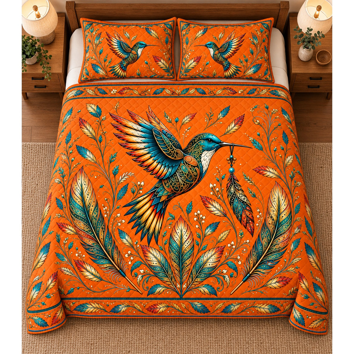 Orange hummingbird feather quilt set overhead view