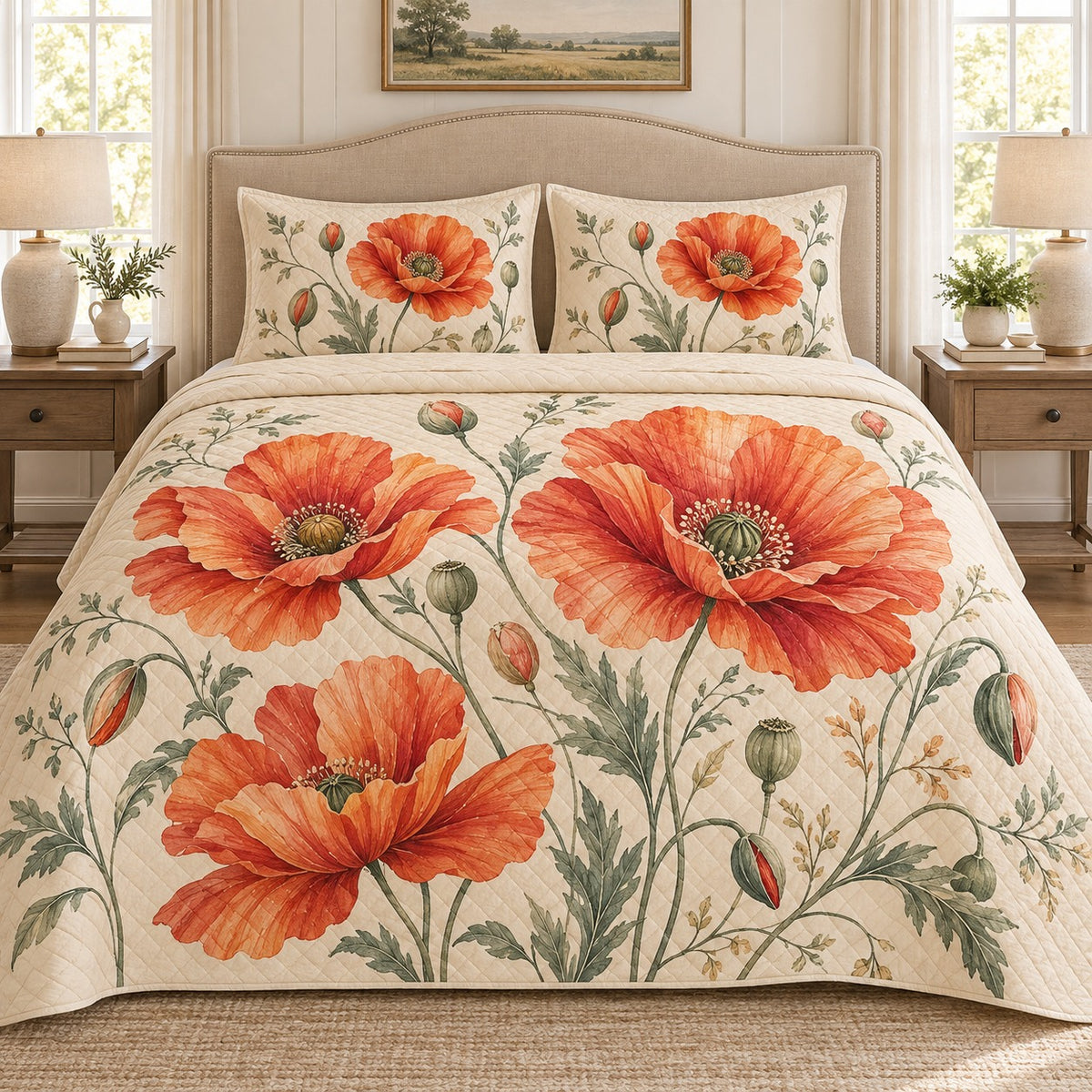 Orange poppy botanical quilt set, view 1, AI-generated product mockup