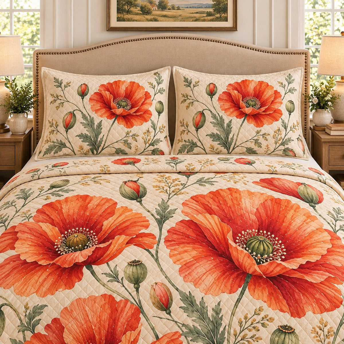 Orange poppy botanical quilt set, view 2, AI-generated product mockup