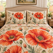 Orange poppy botanical quilt set, view 2, AI-generated product mockup