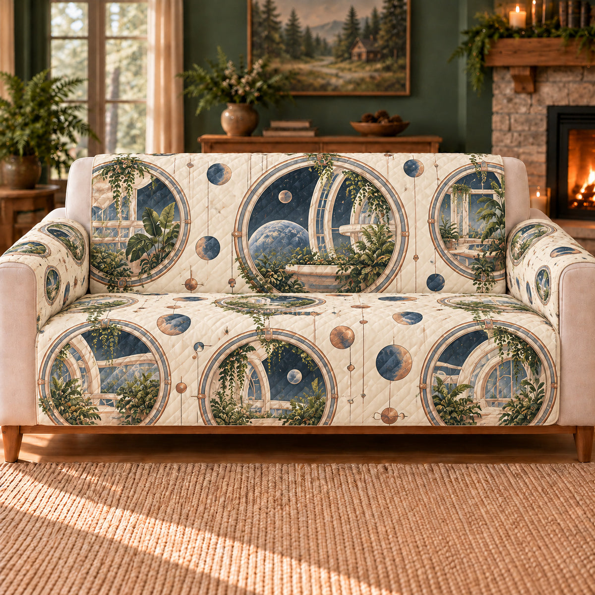 Orbital Atrium Windows sofa cover on a beige sofa