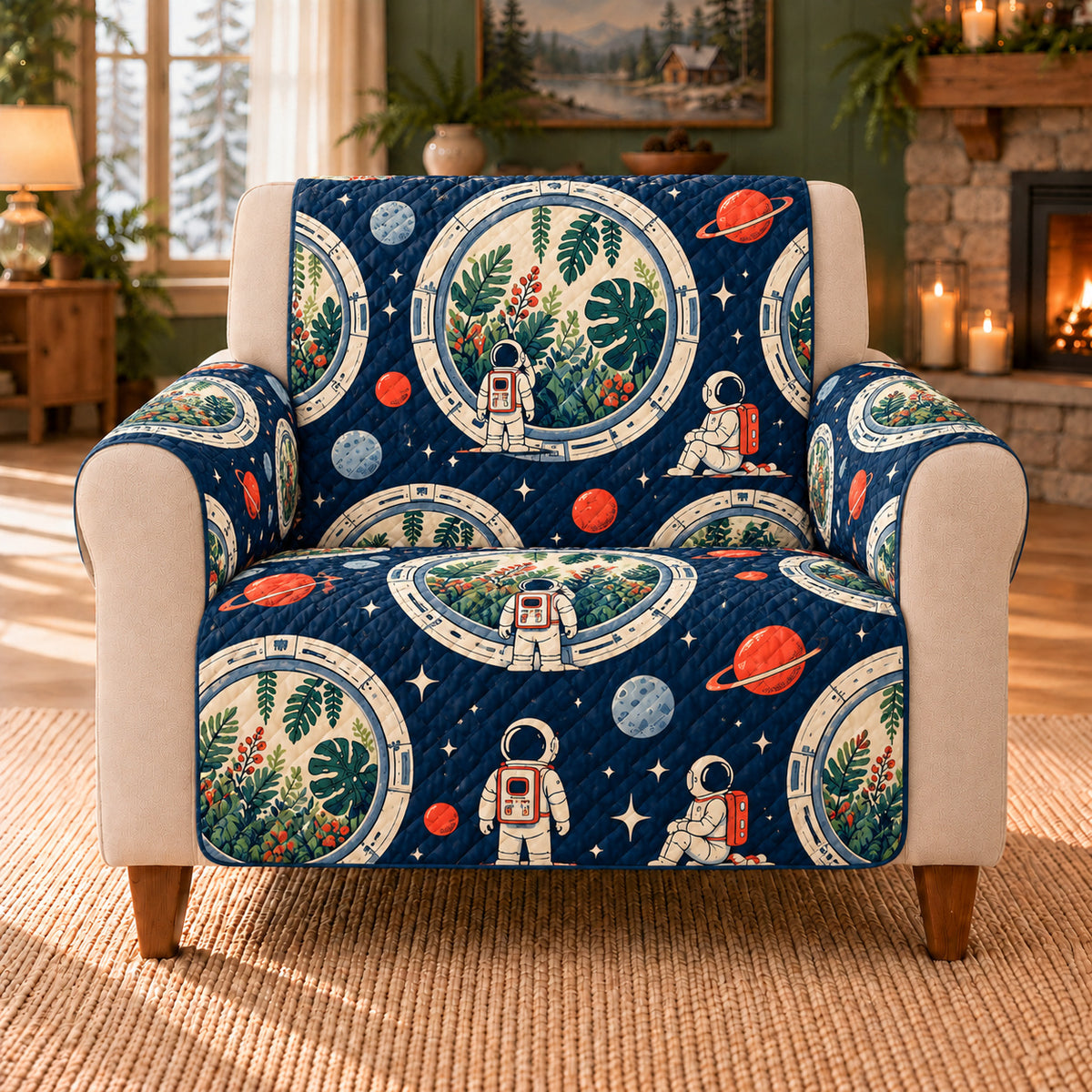 Orbital Greenhouse Windows sofa cover on a beige armchair