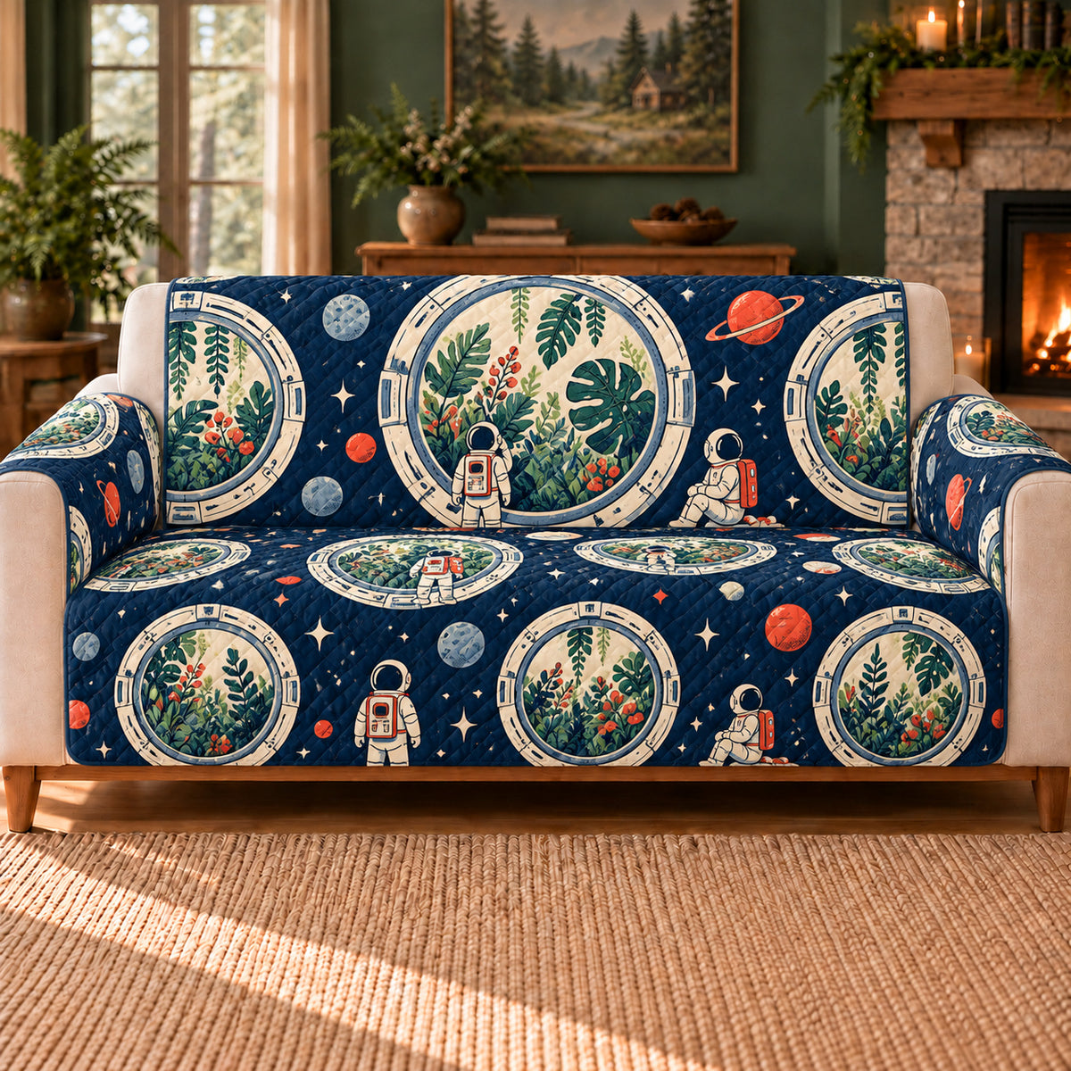 Orbital Greenhouse Windows sofa cover on a beige sofa