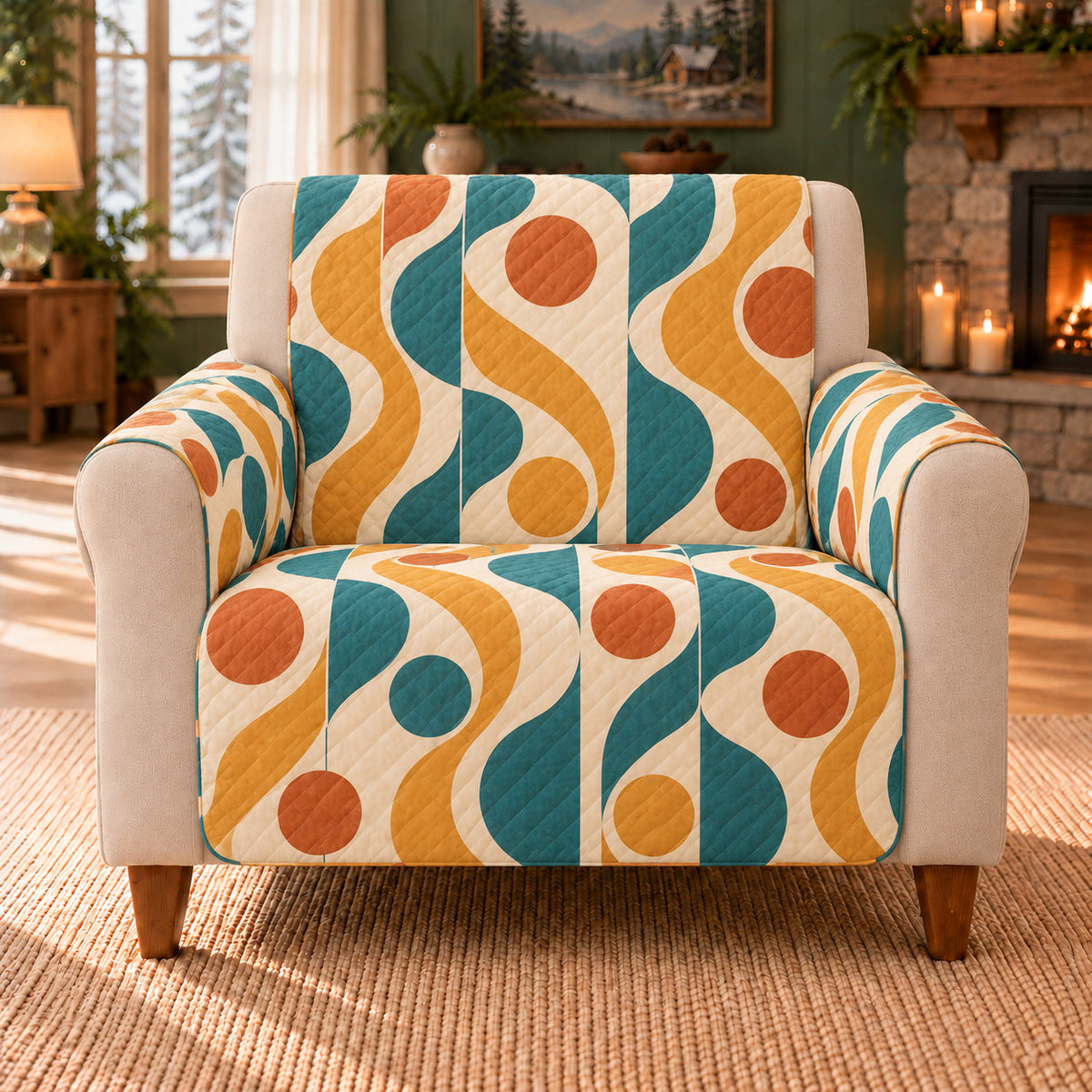 Orbital Wave Herringbone sofa cover on a beige armchair