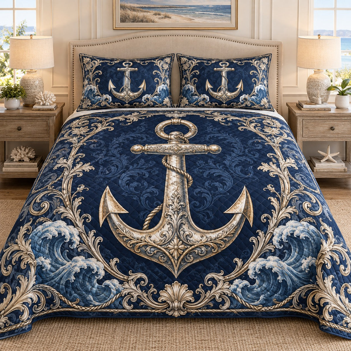 Ornate navy anchor ocean quilt set, view 1, AI-generated product mockup