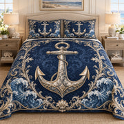 Ornate navy anchor ocean quilt set, view 1, AI-generated product mockup
