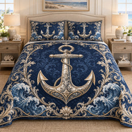 Ornate Navy Anchor Quilt Set, Nautical Gift for Coastal Decor Fans