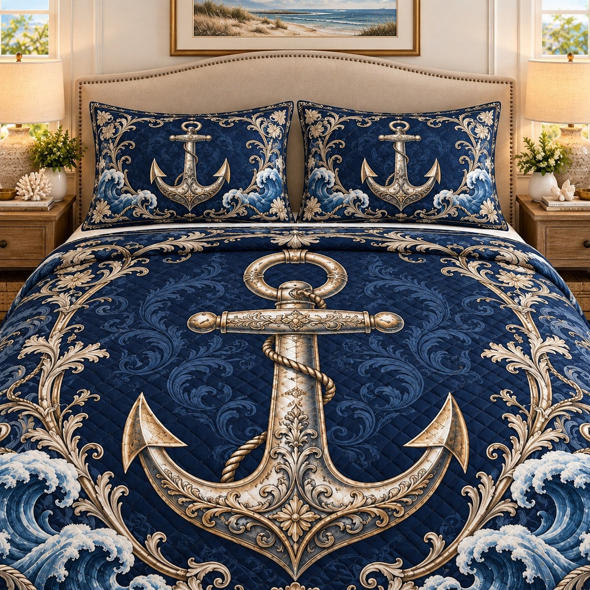 Ornate navy anchor ocean quilt set, view 2, AI-generated product mockup