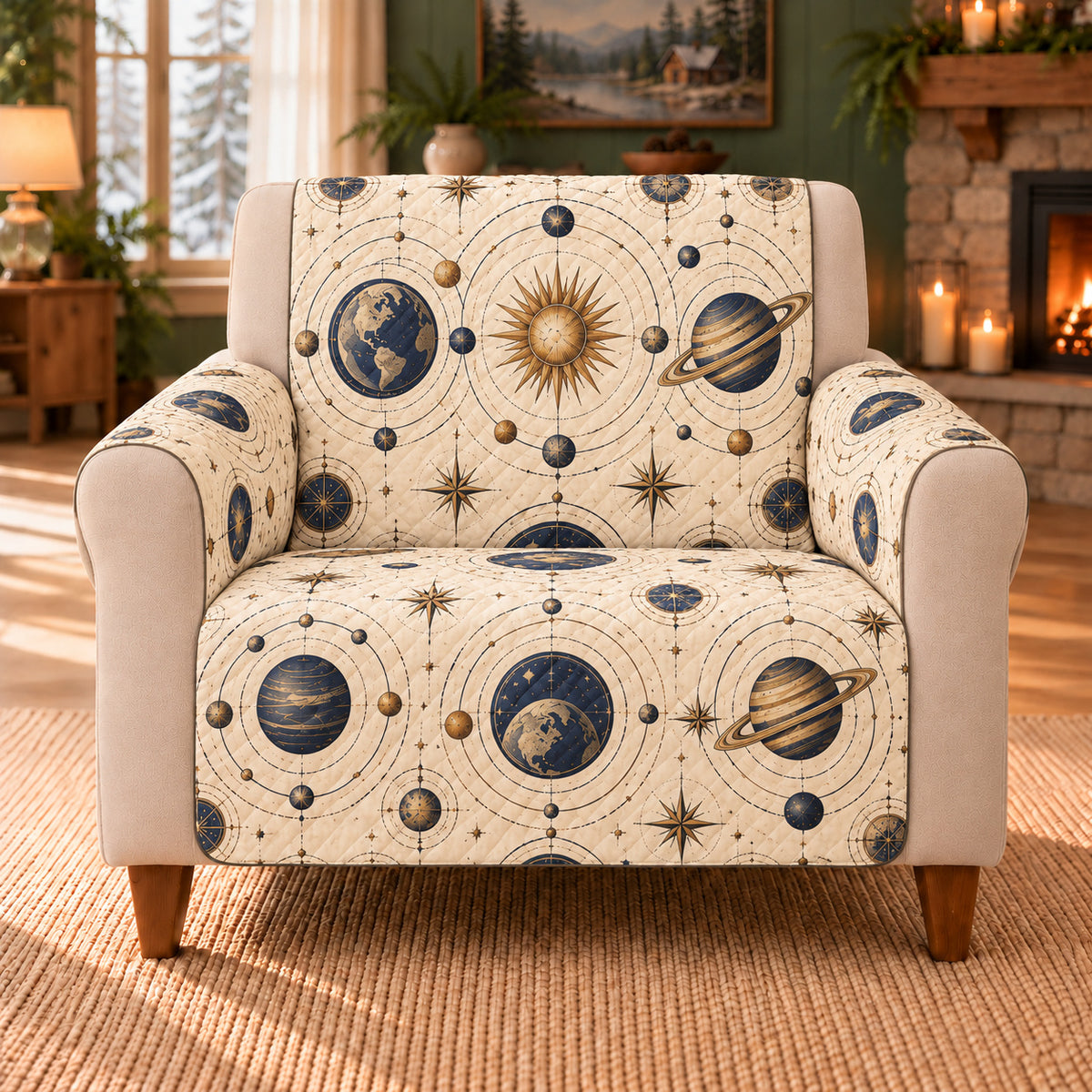 Orrery Orbit Repeat sofa cover on a beige armchair