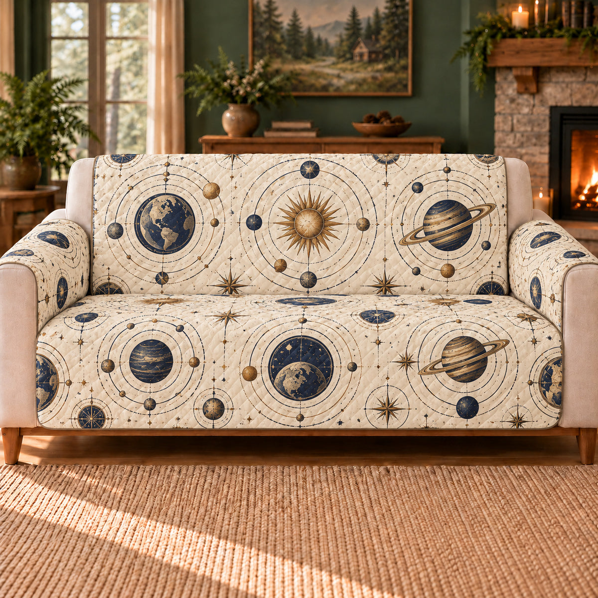 Orrery Orbit Repeat sofa cover on a beige sofa