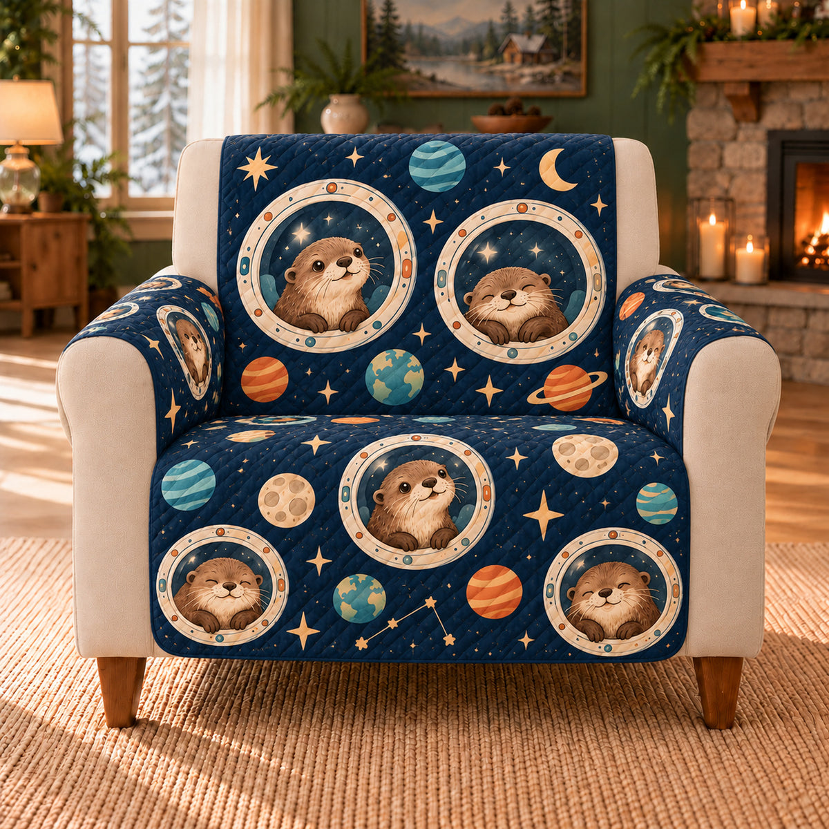 Otter Habitat Windows sofa cover on a beige armchair