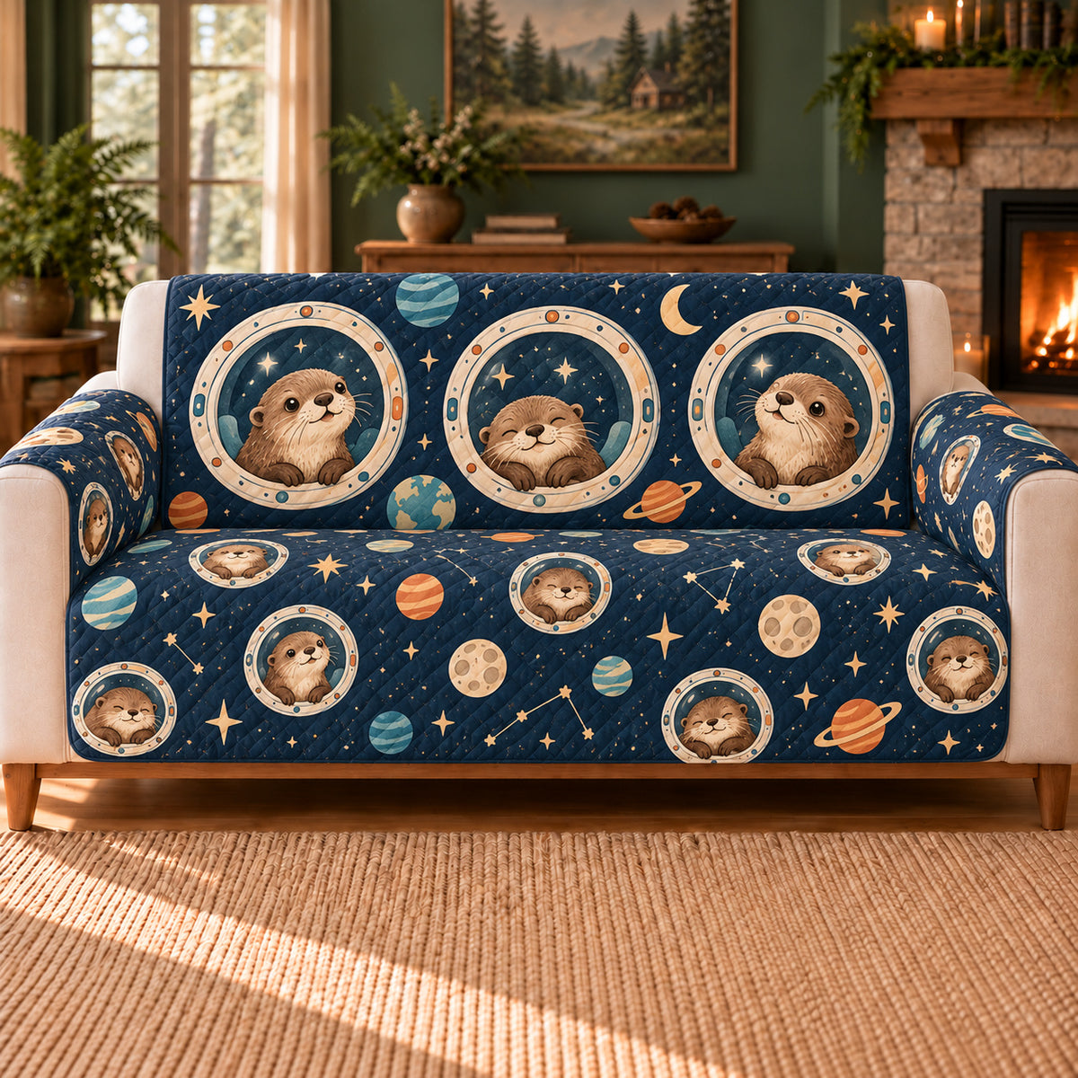 Otter Habitat Windows sofa cover on a beige sofa