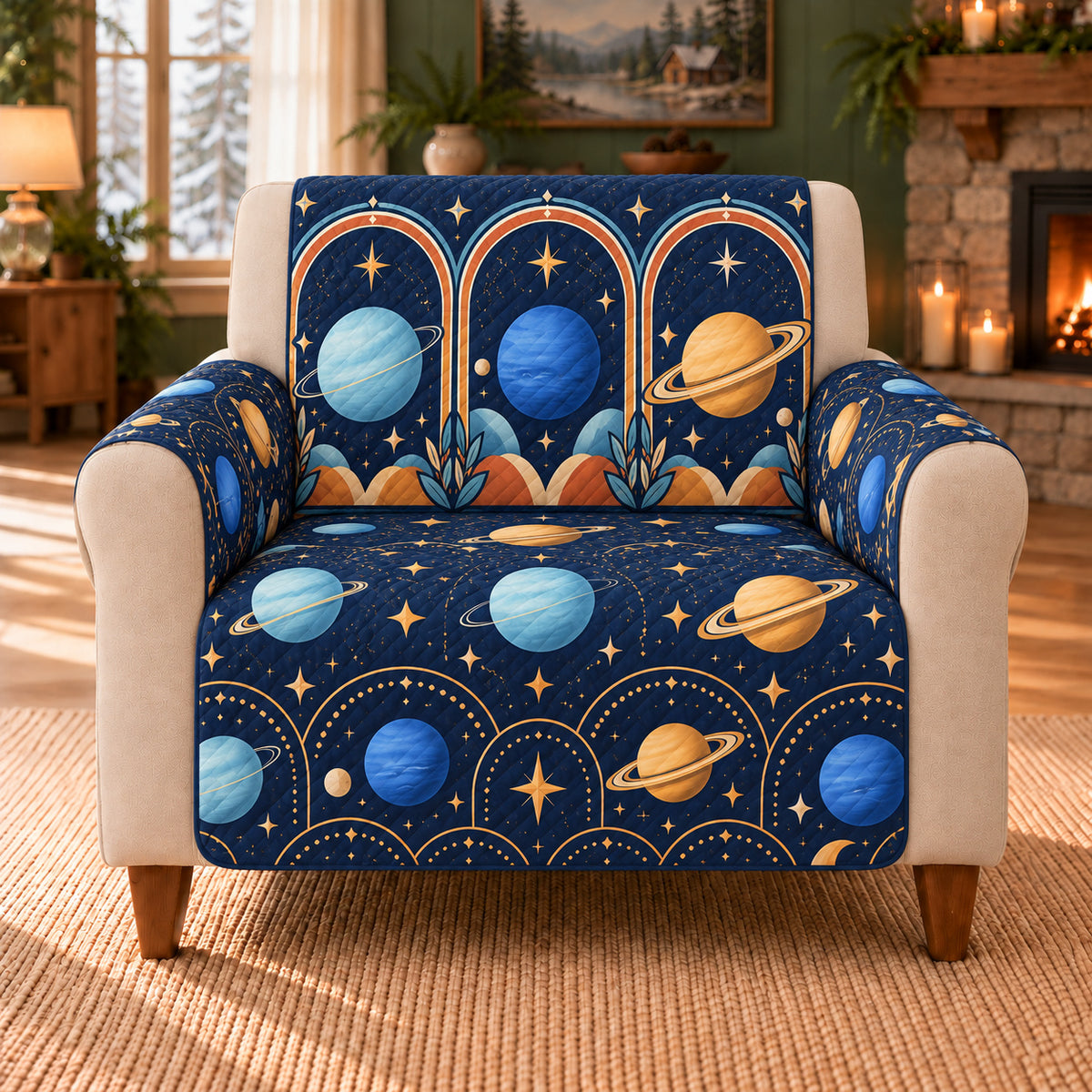 Outer Planet Arches sofa cover on a beige armchair
