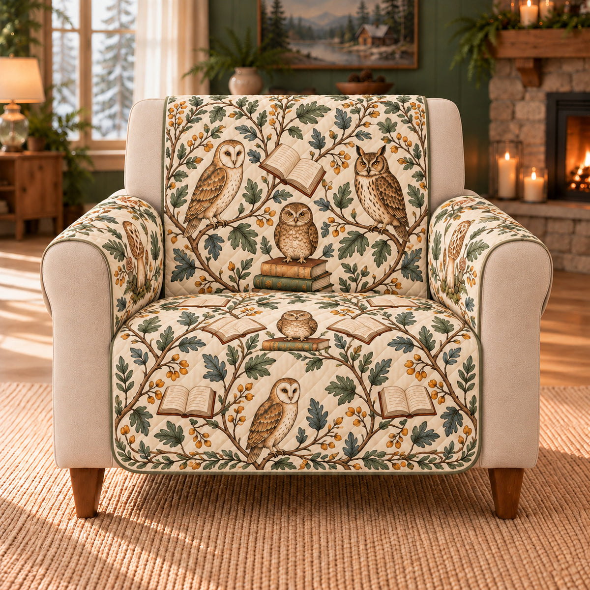 Owl Book Trellis sofa cover on a beige armchair