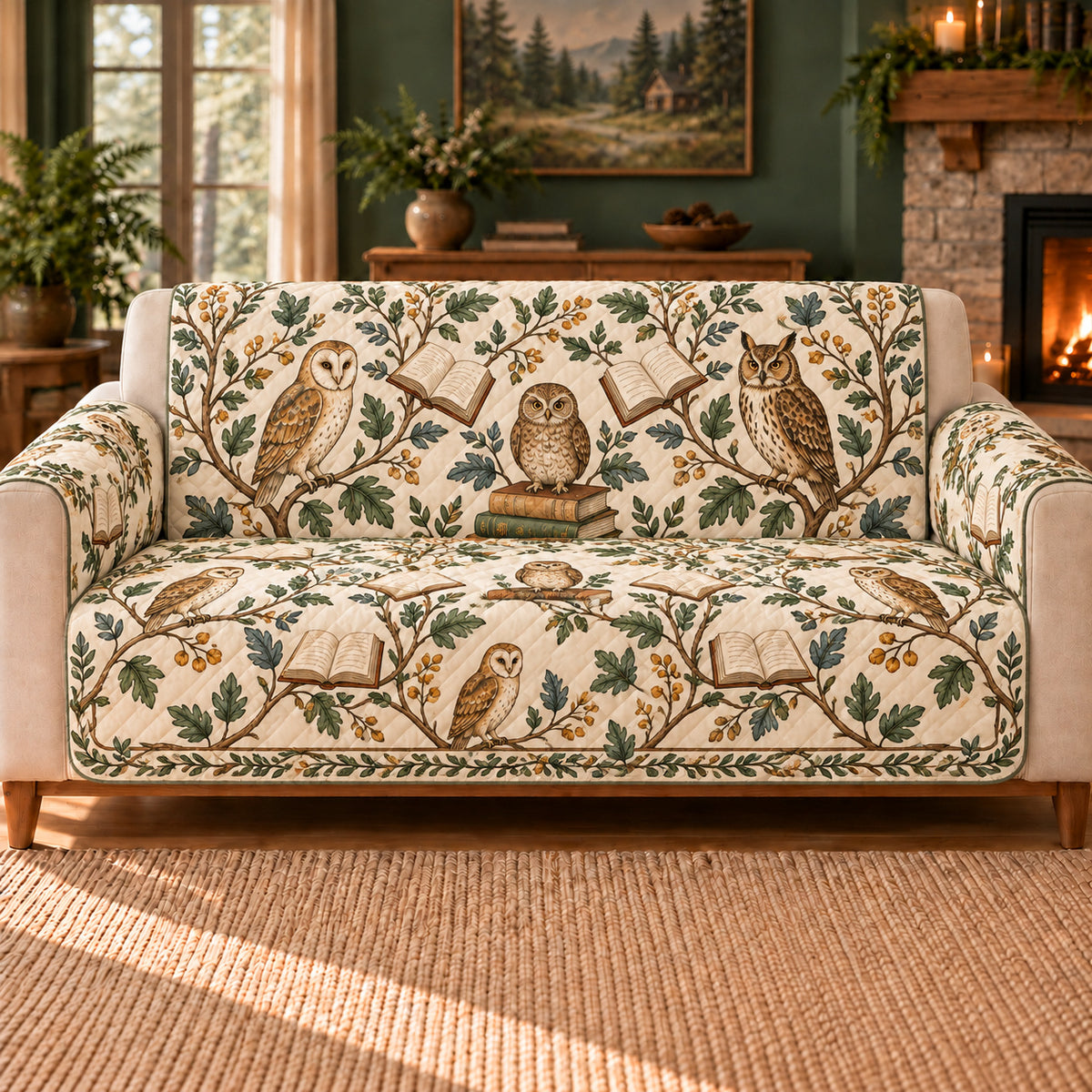 Owl Book Trellis sofa cover on a beige sofa