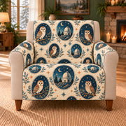 Owl Observatory Cameos sofa cover on a beige armchair