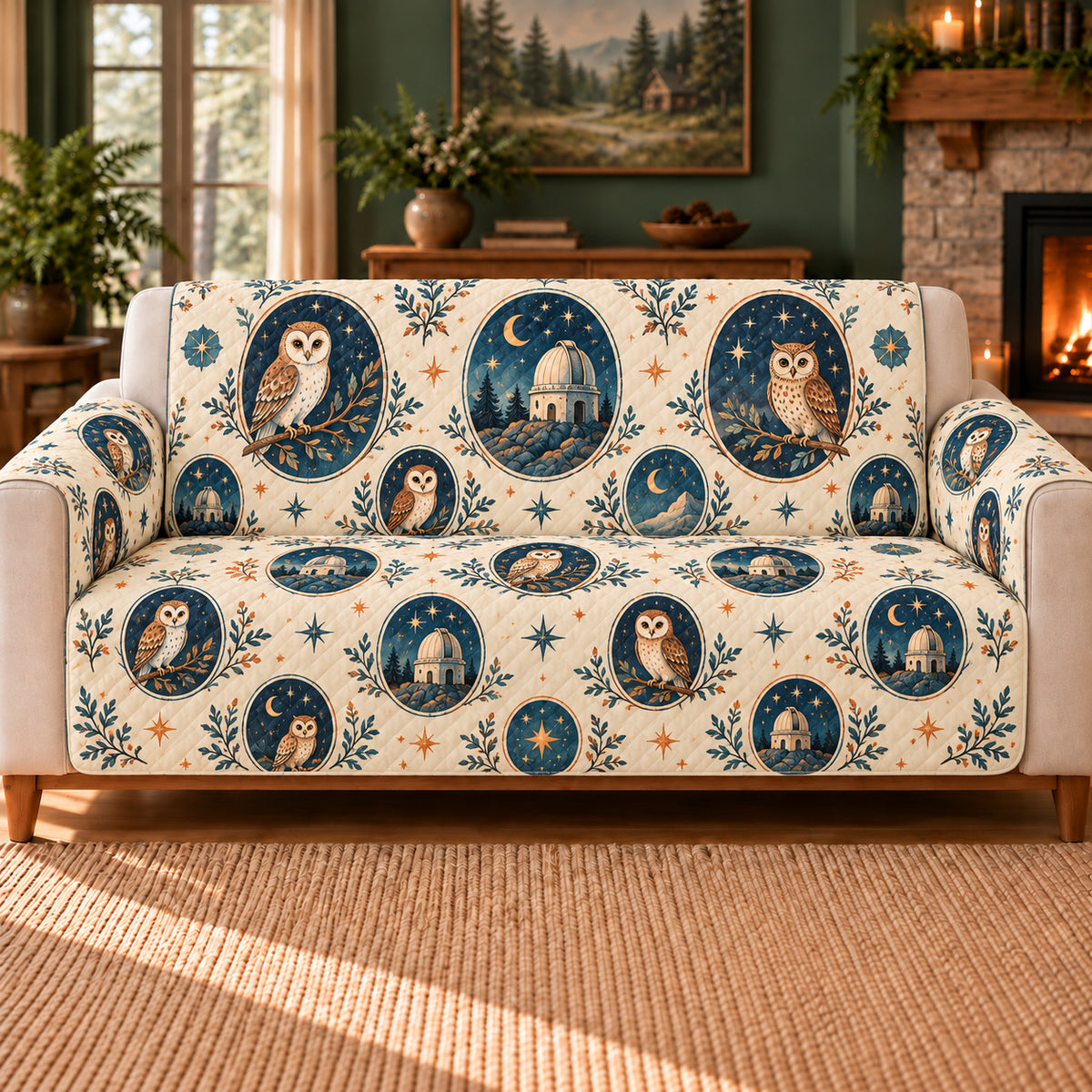 Owl Observatory Cameos sofa cover on a beige sofa
