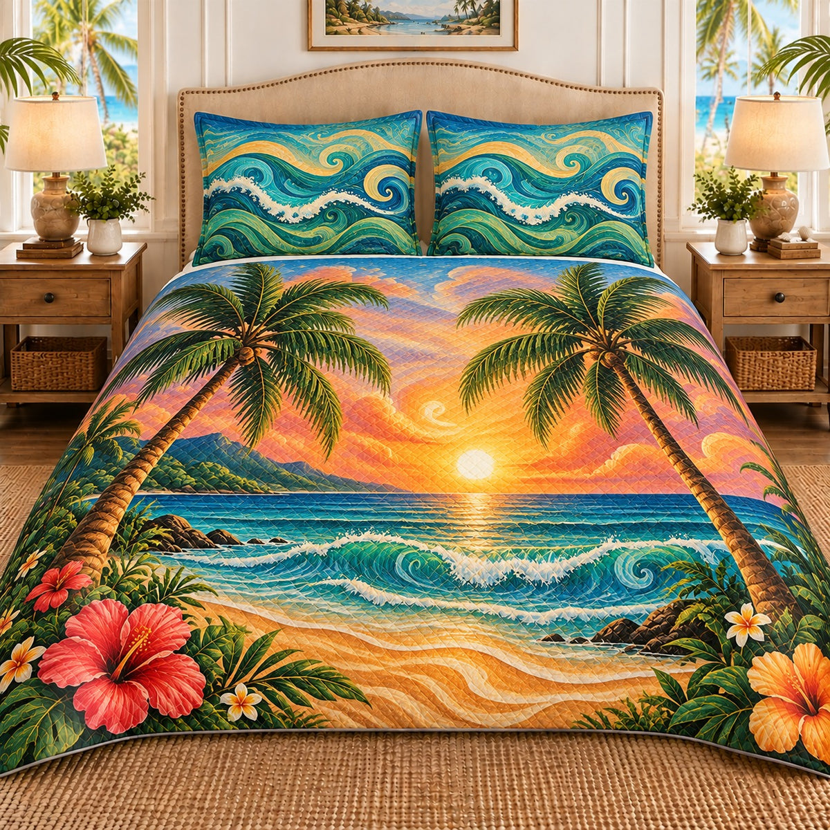 Palm tree beach sunset quilt set, view 1, AI-generated product mockup